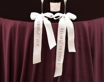 Personlized Bridal Ribbon A Toast To Forever Just Married Ribbon Set Wedding Champagne Glasses Reception Decor Physical Product Set of 2