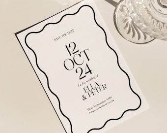 May include: Save the date card with a black wavy border. The text reads "Save the Date 12 OCT 24 for the wedding of ELLA & PETER Blue Mountains NSW Formal Invitation to Follow"