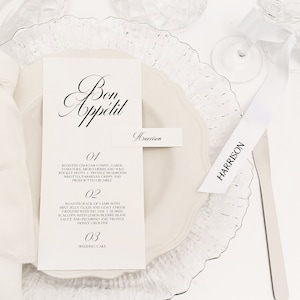 Menú de boda y tarjeta de nombre Plantillas digitales Paquete de configuraciones de lugar Configuración de mesa de boda minimalista Diseño editable elegante personalizable
