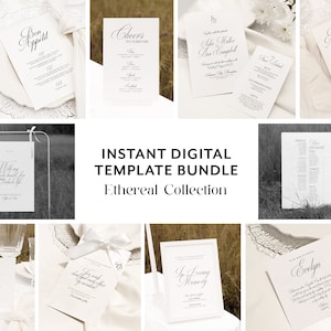 Plantilla de papelería de boda etérea Paquete digital Plantilla de impresión Plantilla de invitación editable simple Menú de boda Guardar la fecha, 16 productos