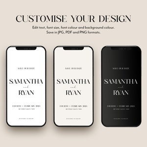 May include: Three mockups of a mobile phone screen displaying a save the date announcement for a wedding. The announcement features the names Samantha and Ryan, the date "Fourth - February 2021", and the location "Hunter Valley, NSW". The mockups show the announcement on a white background, a light grey background, and a black background.