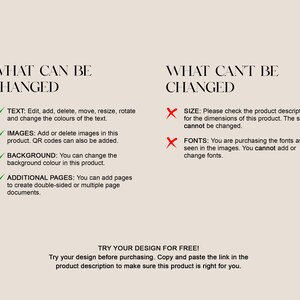 May include: A checklist of what can and cannot be changed when customising a product.  The checklist includes text, images, background colour, and additional pages.  The checklist also includes size and fonts, which cannot be changed.