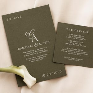 May include: A green wedding invitation with the couple's names, "Camellia & Austin", and the date "Saturday the Fourth of January 2025". The invitation also includes the details of the ceremony and reception, including the location and time. The text "TO HAVE & TO HOLD" is printed at the bottom of the invitation.
