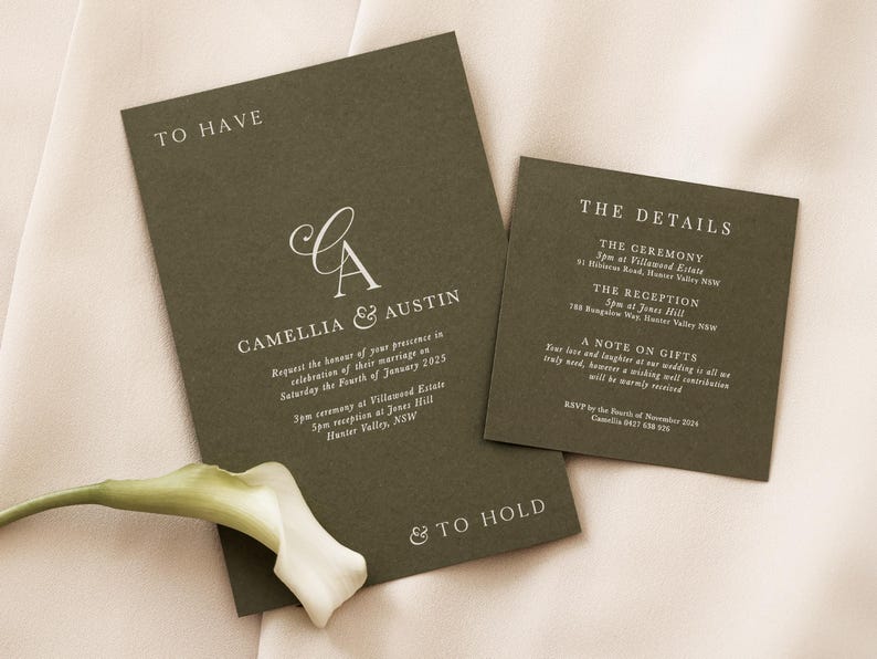 May include: A green wedding invitation with the couple's names, "Camellia & Austin", and the date "Saturday the Fourth of January 2025". The invitation also includes the details of the ceremony and reception, including the location and time. The text "TO HAVE & TO HOLD" is printed at the bottom of the invitation.