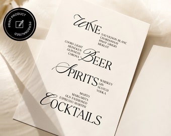 Drinks Menu Elegant Wedding Bar Sign Signature Personalized Beverage List for Wedding Reception Customisable Print Ready