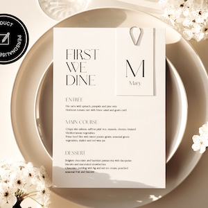 Menú listo para imprimir y conjunto de tarjetas de presentación SUKI Diseño minimalista para bodas Eventos de despedida de soltera -Papelería de boda minimalista y personalizable