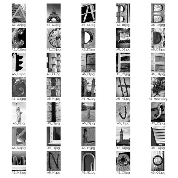 77 Einzelbuchstaben Jpd-Dateien - DOWNLOAD von Schwarzweiß-Alphabet-Fotografie - Erstellen Sie DIY Nachname Brief Art mit A5 Jpeg-Bildern