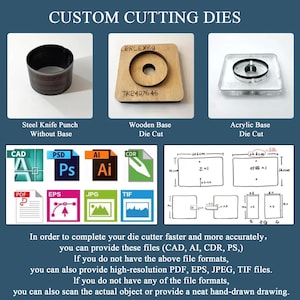 May include: Custom cutting dies featuring a steel knife punch, a wooden base die cut, and an acrylic base die cut. Includes icons for CAD, PSD, AI, CDR, PDF, EPS, JPG, and TIF file formats, alongside a technical drawing with metric measurements.