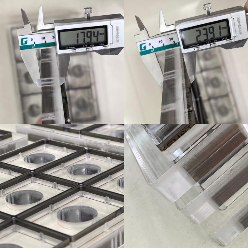 May include: A clear plastic grid tray with multiple square compartments, each featuring a central circular opening. A digital caliper displays measurements of 17.94 mm and 23.91 mm, indicating the precise dimensions of the tray's structural components.