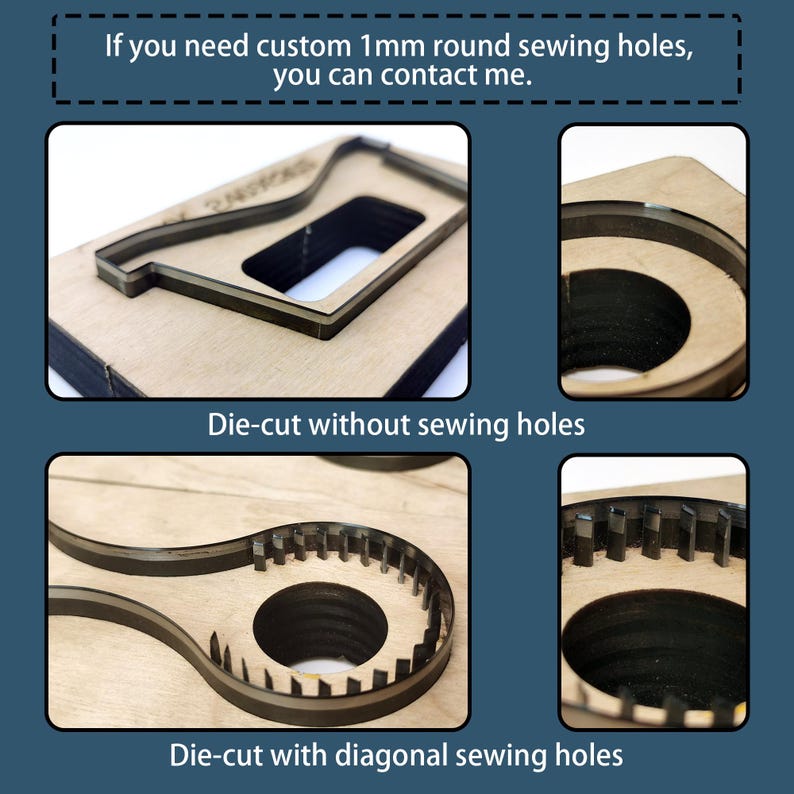 May include: A wooden die-cut tool featuring a metal blade edge. The top section shows a die-cut without sewing holes, while the bottom section displays a die-cut with diagonal sewing holes. Text states: If you need custom 1mm round sewing holes, you can contact me.