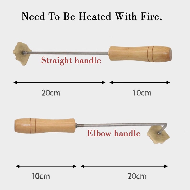 May include: Two metal tools with wooden handles for making leather crafts. The tool on the top has a straight handle and the tool on the bottom has an elbow handle. Both tools are 20 cm long and 10 cm wide. The text "Need To Be Heated With Fire." is at the top of the image.