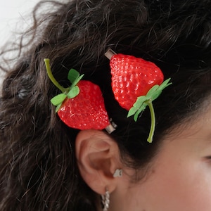 Strawberry banana fruit fun hair barrettes clip/ Special gift for her girlfriend wife bff/ 2 pieces/ funny gift