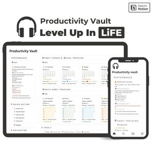 May include: A digital productivity system displayed on a tablet and smartphone. The tablet shows a detailed calendar and task list, while the phone displays a simplified version. The text "Productivity Vault" and "Level Up In LIFE" are visible.