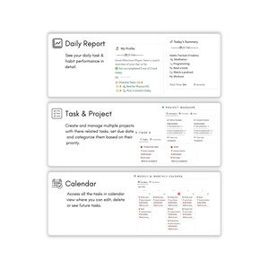 May include: A digital interface with three sections: Daily Report, Task & Project, and Calendar. The Daily Report shows task and habit performance. Task & Project allows project management. The Calendar displays tasks in a calendar view.