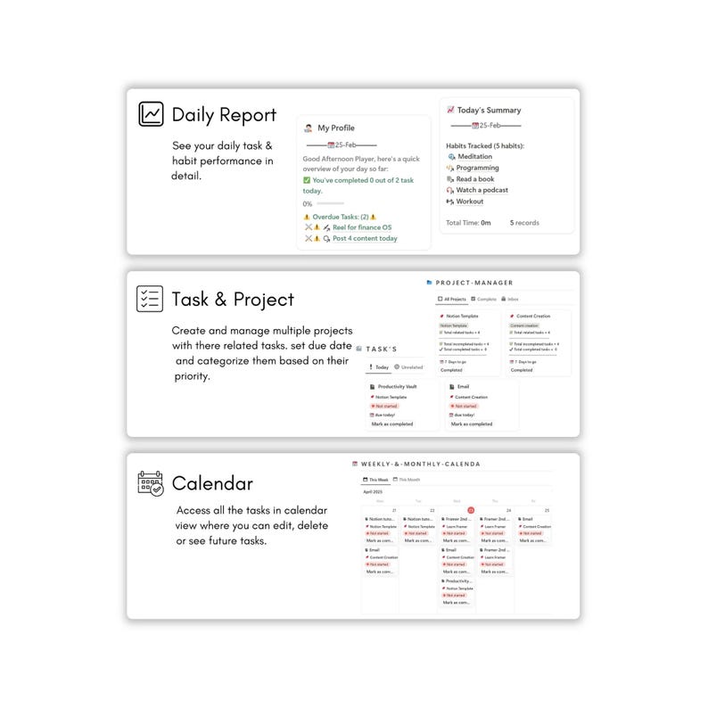 May include: A digital interface with three sections: Daily Report, Task & Project, and Calendar. The Daily Report shows task and habit performance. Task & Project allows project management. The Calendar displays tasks in a calendar view.