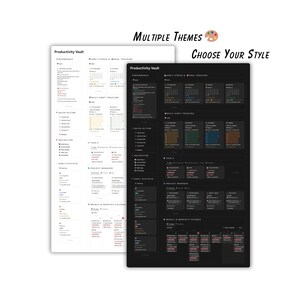 May include: Two digital planner templates, one in white and one in black, with the text "Productivity Vault". The white template has a light background, while the black template has a dark background. The text "Multiple Themes" and "Choose Your Style" are also visible.