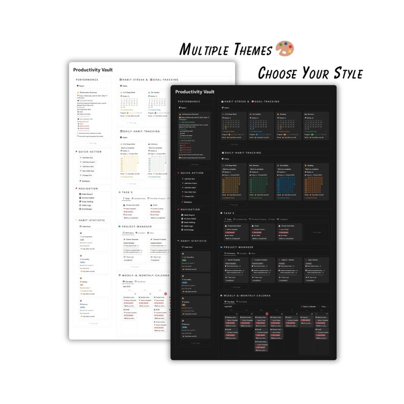 May include: Two digital planner templates, one in white and one in black, with the text "Productivity Vault". The white template has a light background, while the black template has a dark background. The text "Multiple Themes" and "Choose Your Style" are also visible.
