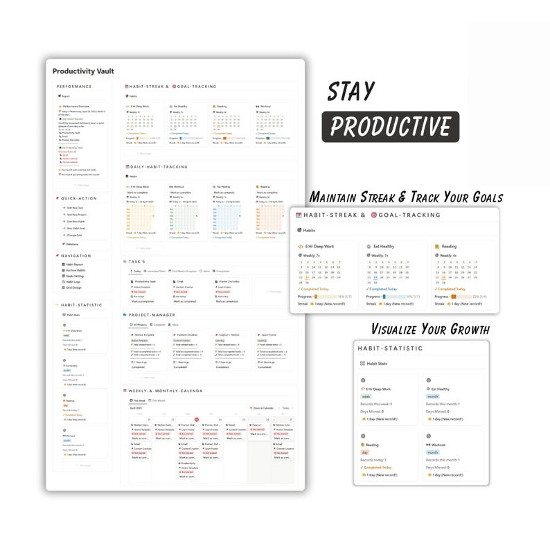 May include: A digital productivity planner with multiple sections for performance, habit tracking, and goal setting. The planner includes the text "STAY PRODUCTIVE" and "MAINTAIN STREAK & TRACK YOUR GOALS". It also features a section to "VISUALIZE YOUR GROWTH".