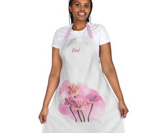 Delantal floral con nombre personalizado, correas de 5 colores - Rosa en la colección Kitchen