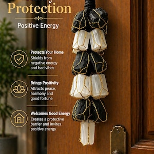 May include: Entry protection hanging on a wooden door. The item features alternating black and white stones encased in gold wire, with the text "Entry Protection" and "Positive Energy". The item is designed to protect the home and welcome positivity.