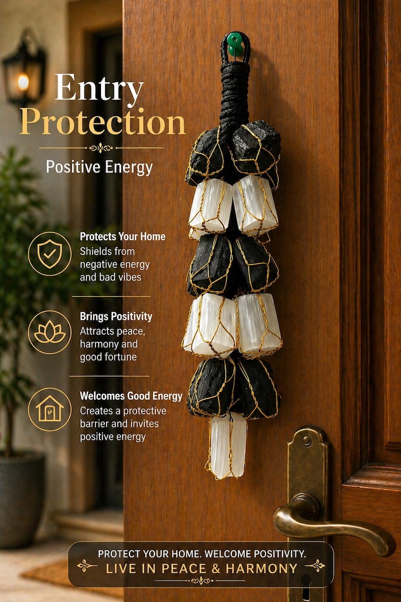May include: Entry protection hanging on a wooden door. The item features alternating black and white stones encased in gold wire, with the text "Entry Protection" and "Positive Energy". The item is designed to protect the home and welcome positivity.