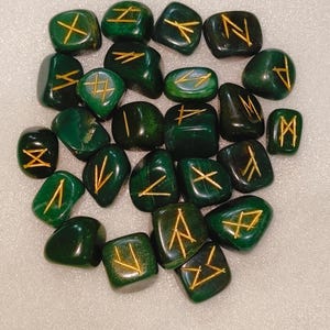 Handcrafted Natural Green Jade Runes, Engraved And painted By Hand, High Quality Pieces Crystal Runes Green Gemstone Runes Crystal therapy.