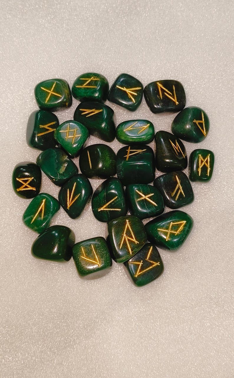Handcrafted Natural Green Jade Runes, Engraved And painted By Hand, High Quality Pieces Crystal Runes Green Gemstone Runes Crystal therapy.