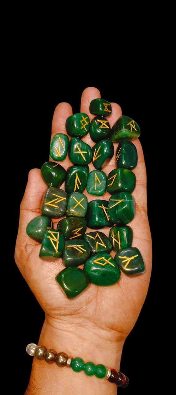 Green Jade Rune Set 25pc Elder Futhark Engraved Stones Viking Norse Oracle Luck & Prosperity Heart Chakra Healing Crystal Wiccan Altar Gift