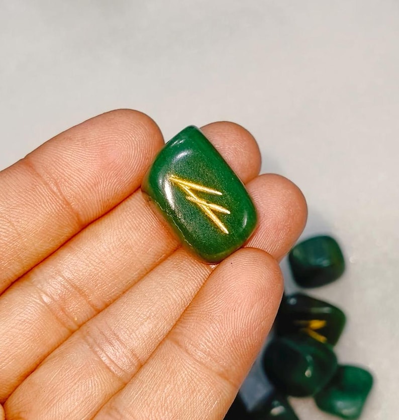 Handcrafted Natural Green Jade Runes, Engraved And painted By Hand, High Quality Pieces Crystal Runes Green Gemstone Runes Crystal therapy.