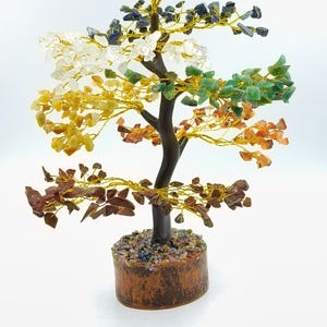 May include: A decorative tree sculpture with a brown trunk and gold wire branches. The leaves are colourful gemstones in shades of purple, blue, white, yellow, green, and orange. The tree sits in a wooden pot.