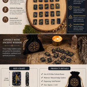 May include: Set of 25 Indigo Gabbro runes with gold-painted Elder Futhark symbols. Each rune is approximately 1 inch (2.5 cm) in size. Includes a black pouch with a compass rose design. Ideal for divination and spiritual practices.