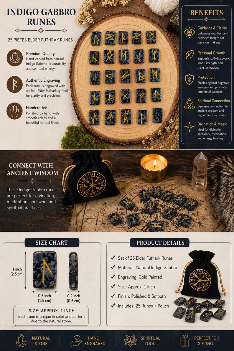 May include: Set of 25 Indigo Gabbro runes with gold-painted Elder Futhark symbols. Each rune is approximately 1 inch (2.5 cm) in size. Includes a black pouch with a compass rose design. Ideal for divination and spiritual practices.