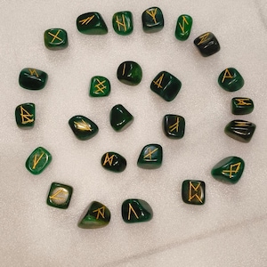 Handcrafted Natural Green Jade Runes, Engraved And painted By Hand, High Quality Pieces Crystal Runes Green Gemstone Runes Crystal therapy.