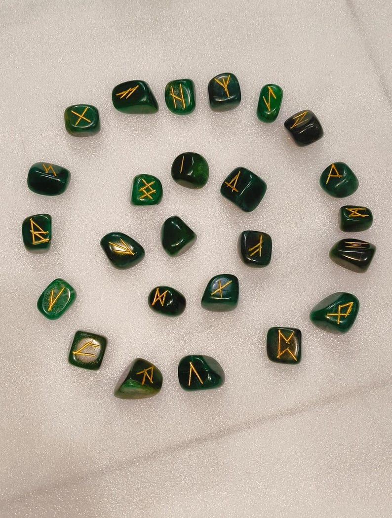 Handcrafted Natural Green Jade Runes, Engraved And painted By Hand, High Quality Pieces Crystal Runes Green Gemstone Runes Crystal therapy.