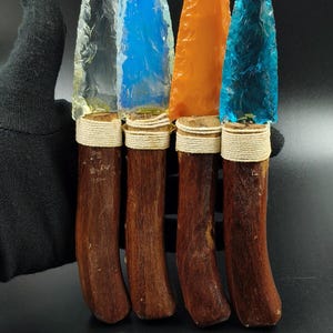 Handcrafted Opalite & Obsidian Knife 7&quot;to8&quot; with Wooden Handle – Natural Materials Gemstone Craft, Collectible Ancient Glass Arrowhead Point