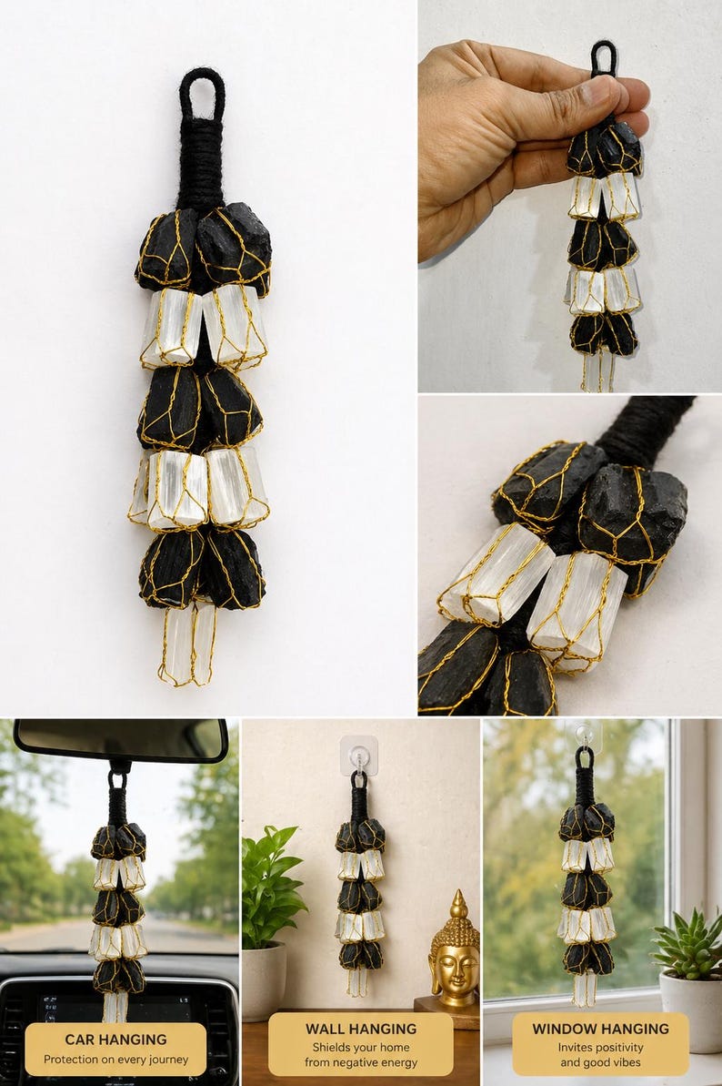 May include: A hanging decorative item featuring alternating black and white stones, encased in gold-colored wire. The item is suspended from a black cord loop. The image includes text that reads "CAR HANGING", "WALL HANGING", and "WINDOW HANGING".
