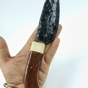 Hand Carved Black Obsidian Knife: Gemstone Spearhead with Wooden Handle