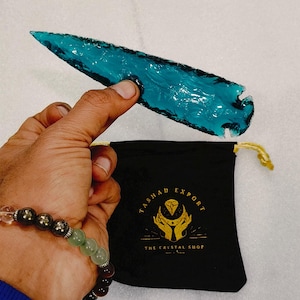 Handmade Blue Topaz Glass Arrowhead: Knapped Spearhead, 1-6 inch