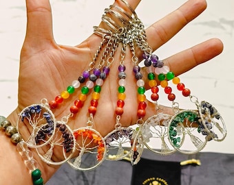 Personalized Birthstone Tree of Life Keychain, Gemstone Crystal Keyring, Healing Stone Wire Wrapped Charm, Spiritual Gift for Women