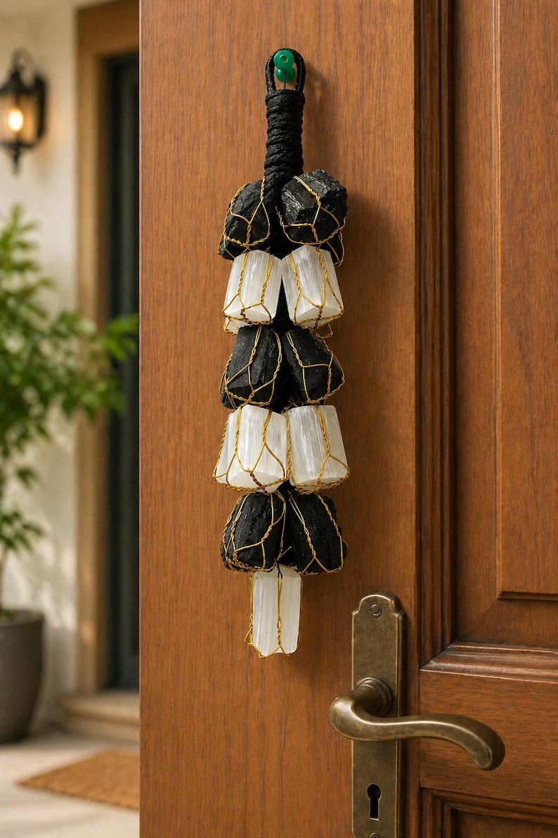 May include: A decorative hanging ornament featuring alternating black and white stones encased in gold-colored wire. The ornament is suspended from a black rope and hangs against a wooden door.