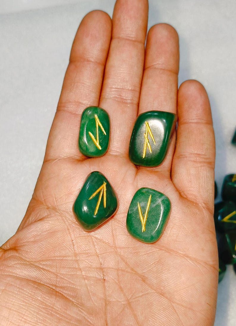 Handcrafted Natural Green Jade Runes, Engraved And painted By Hand, High Quality Pieces Crystal Runes Green Gemstone Runes Crystal therapy.