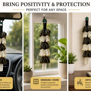 May include: A decorative hanging ornament with black and gold accents, displayed in a car, window, and office setting. The ornament is composed of stacked, bell-shaped elements. Text in the image reads "BRING POSITIVITY & PROTECTION" and "FOCUS PLAN EXECUTE REPEAT."