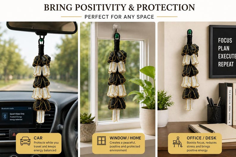 May include: A decorative hanging ornament with black and gold accents, displayed in a car, window, and office setting. The ornament is composed of stacked, bell-shaped elements. Text in the image reads "BRING POSITIVITY & PROTECTION" and "FOCUS PLAN EXECUTE REPEAT."