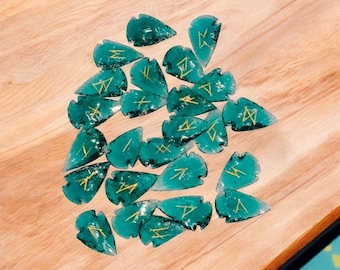 Sea Green Glass Arrowhead Runes – Elder Futhark Divination Stones, Viking Witchcraft Kit