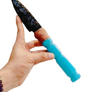 Black Obsidian Knife With Turquoise Resin Handle 11.5&quot;inch Hand Carved Crystal Obsidian Spearhead Gemstone Agate Arrowhead Crystal Blade.