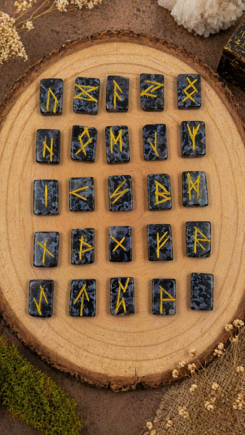 Mystic Merlinite Runes Indigo Gabbro Runes, Healing Crystals 25 Piece Engraved Tumble Rune Stones Crystal Rune Set, Runes for Divination.