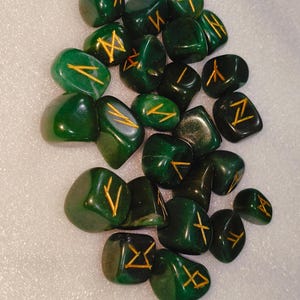 Handcrafted Natural Green Jade Runes, Engraved And painted By Hand, High Quality Pieces Crystal Runes Green Gemstone Runes Crystal therapy.