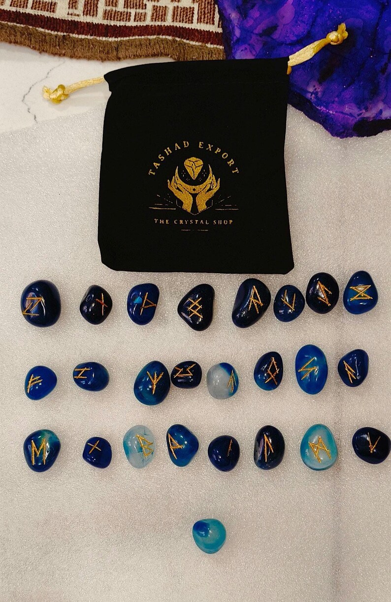 AAA Blue Onyx Rune Set, 25pc Engraved Elder Futhark Stones, Natural ...