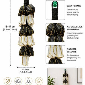 May include: Black tourmaline and selenite hanging, handmade with natural materials. The hanging measures 6.3-6.7 inches in length and 1.6-2.0 inches in width. Features black tourmaline and selenite crystals, known for protection and energy cleansing. Includes a loop for easy hanging.
