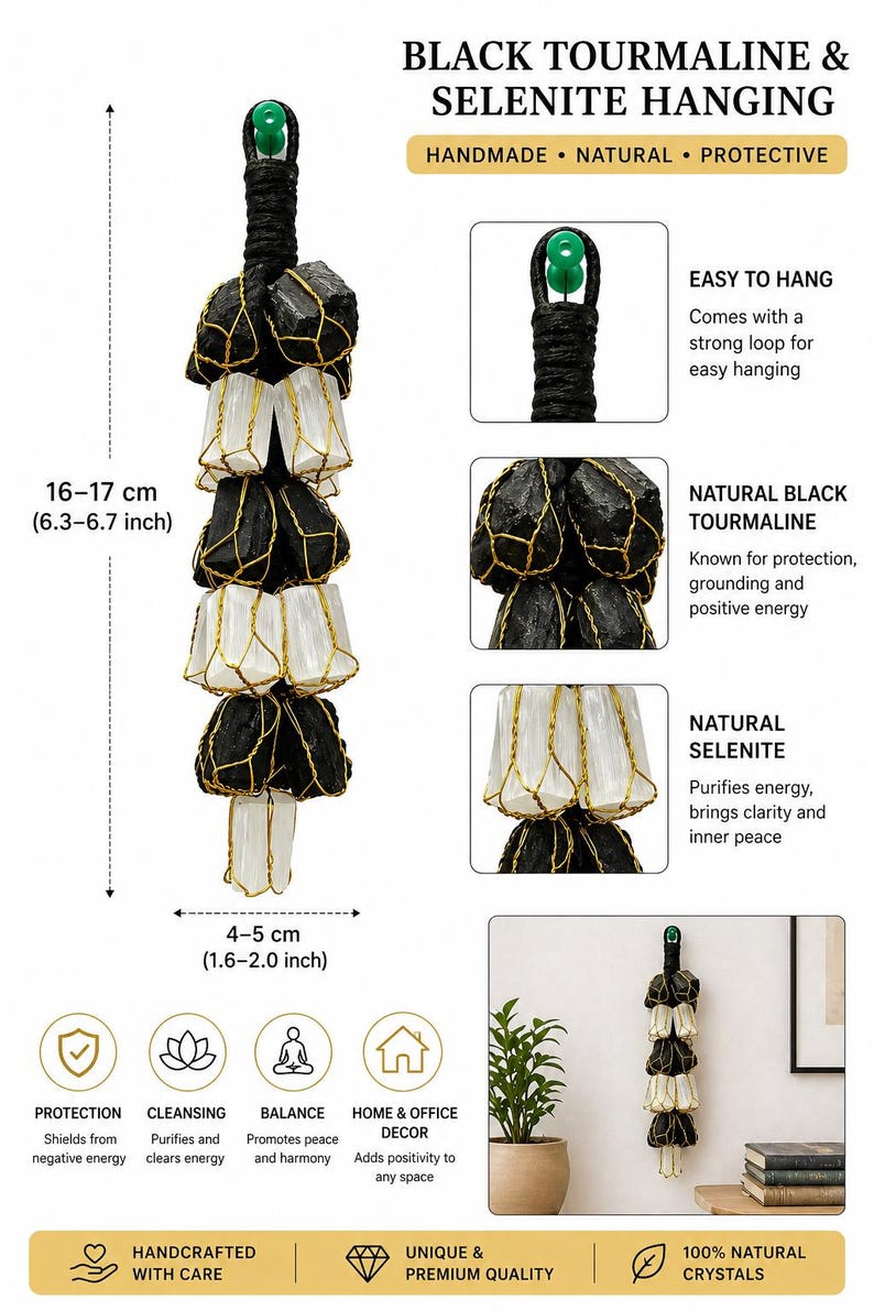 May include: Black tourmaline and selenite hanging, handmade with natural materials. The hanging measures 6.3-6.7 inches in length and 1.6-2.0 inches in width. Features black tourmaline and selenite crystals, known for protection and energy cleansing. Includes a loop for easy hanging.